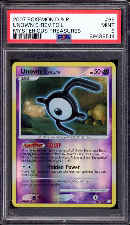 2007 Pokémon Diamond & Pearl Mysterious Treasures Unown E-Reverse Foil #65 PSA 9 MINT