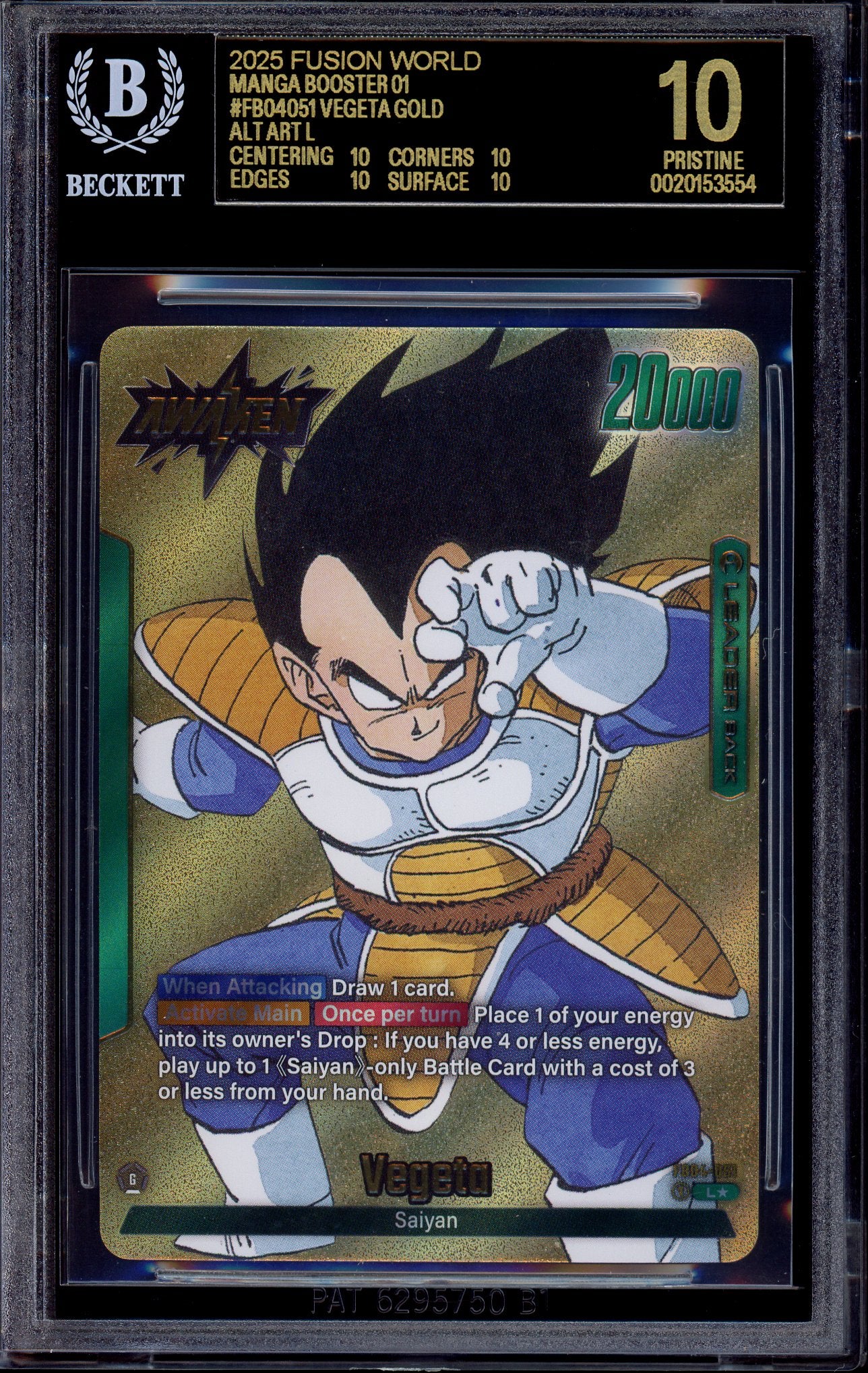 2025 Dragon Ball Super Fusion World Manga Booster 01 Alternate Art Leader Gold Vegeta #FB04-051 BGS 10 BLACK LABEL