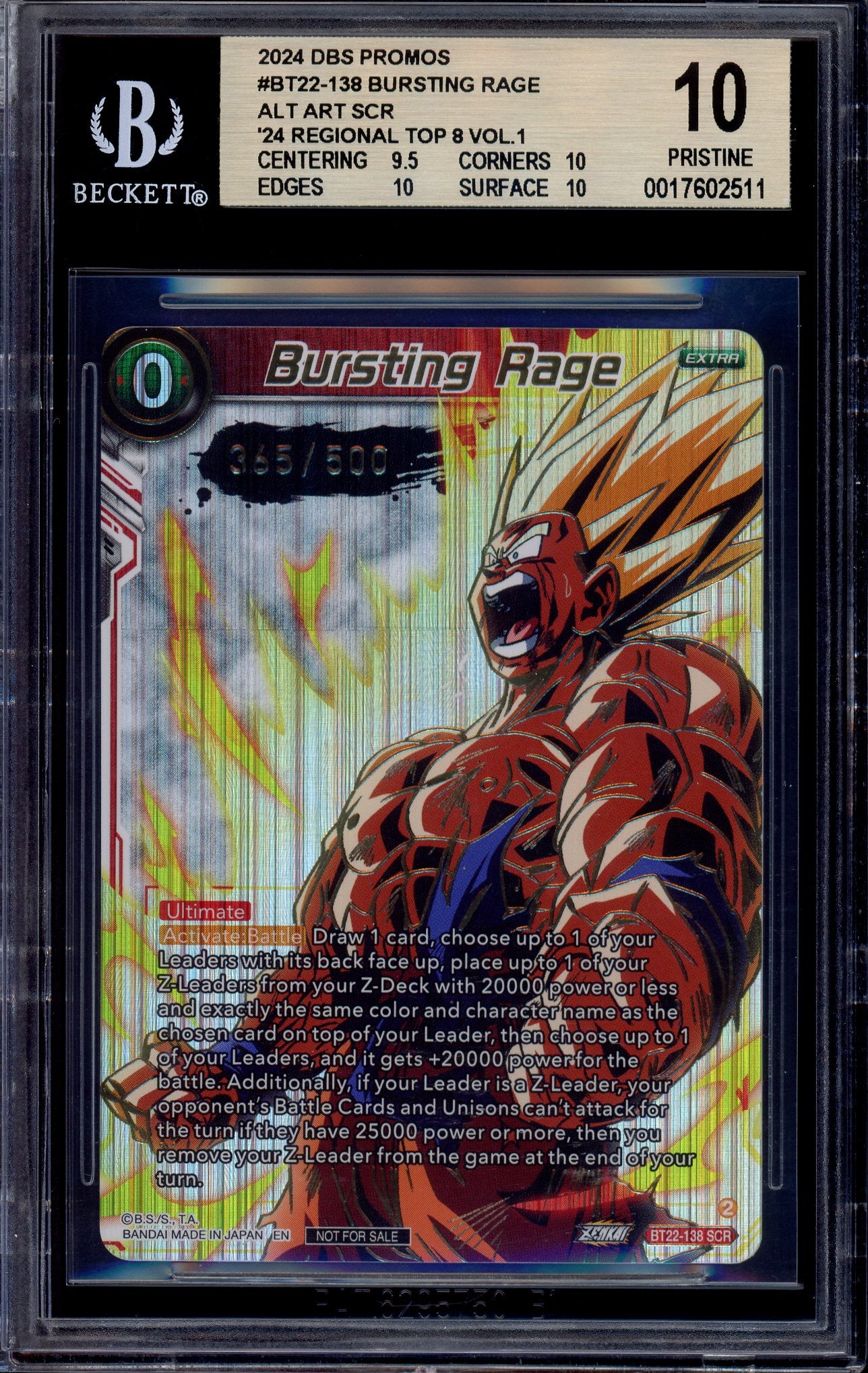 2024 Dragon Ball Super Masters Regional Alternate Art Serialized Bursting Rage #BT22-138 BGS 10 PRISTINE