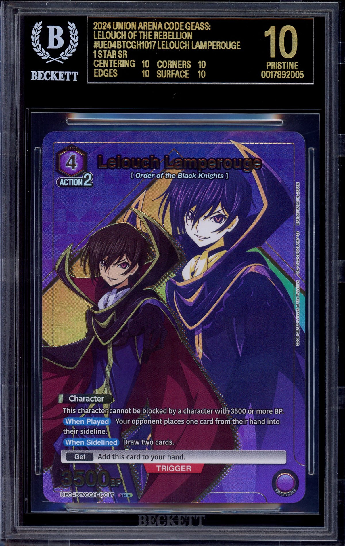 2024 Union Arena Code Geass 1 Star Lelouch Lamperouge #017 BGS 10 BLACK LABEL