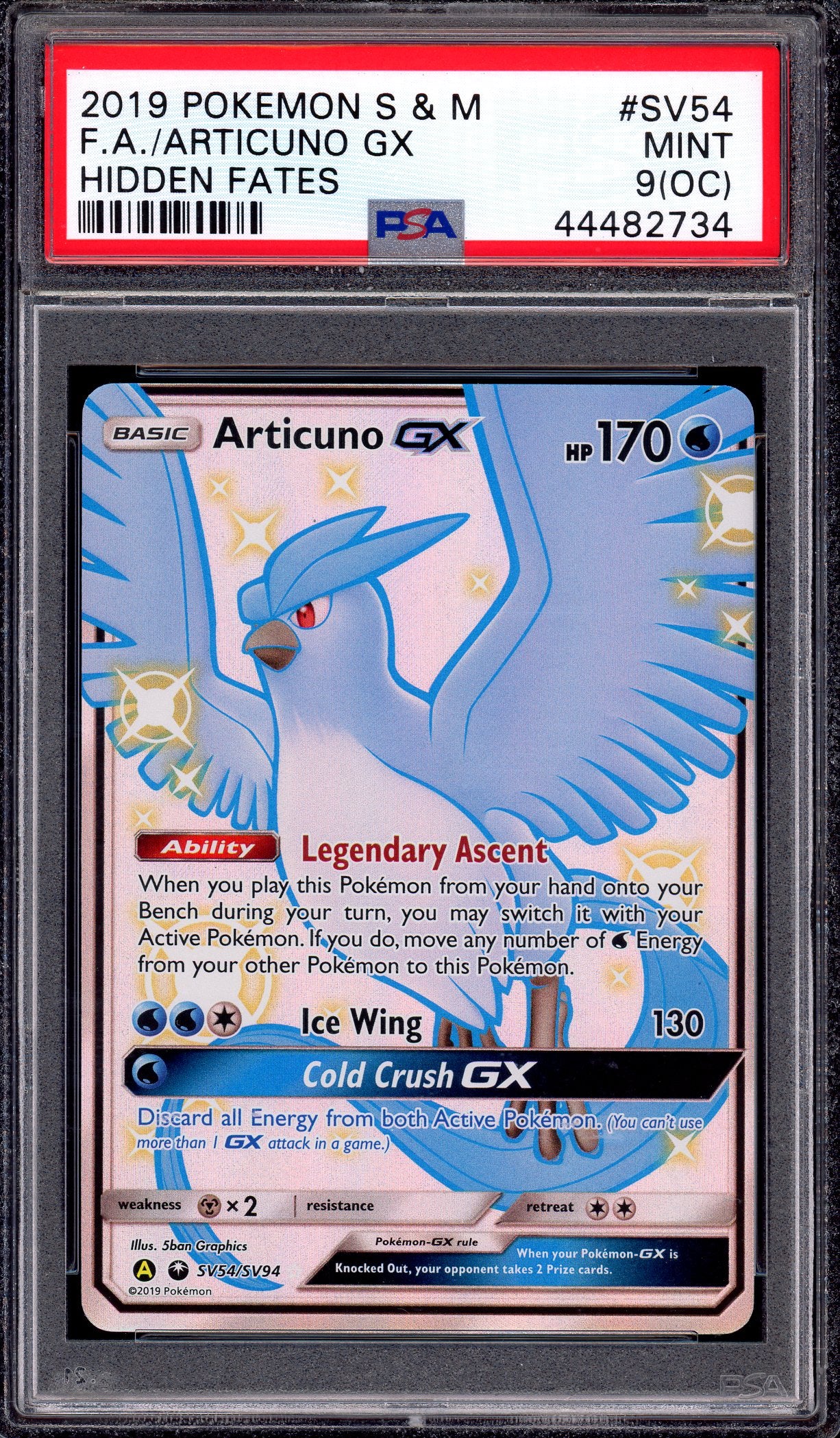 2019 Pokémon Sun & Moon Hidden Fates Full Art Articuno GX #SV54 PSA 9 (OC) MINT