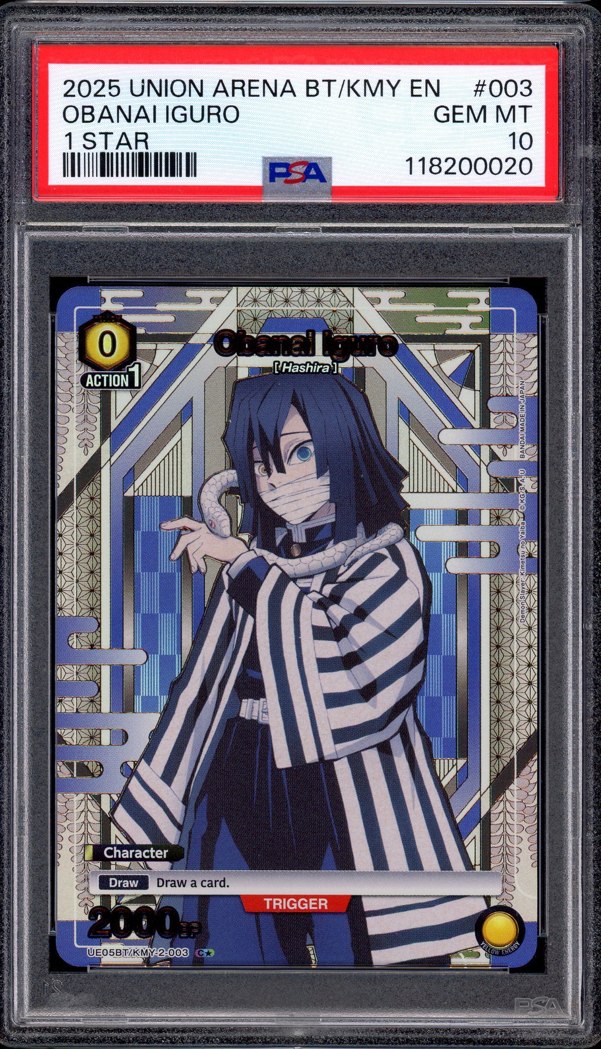 2025 Union Arena Demon Slayer 1 Star Obanai Iguro #003 PSA 10 GEM MINT