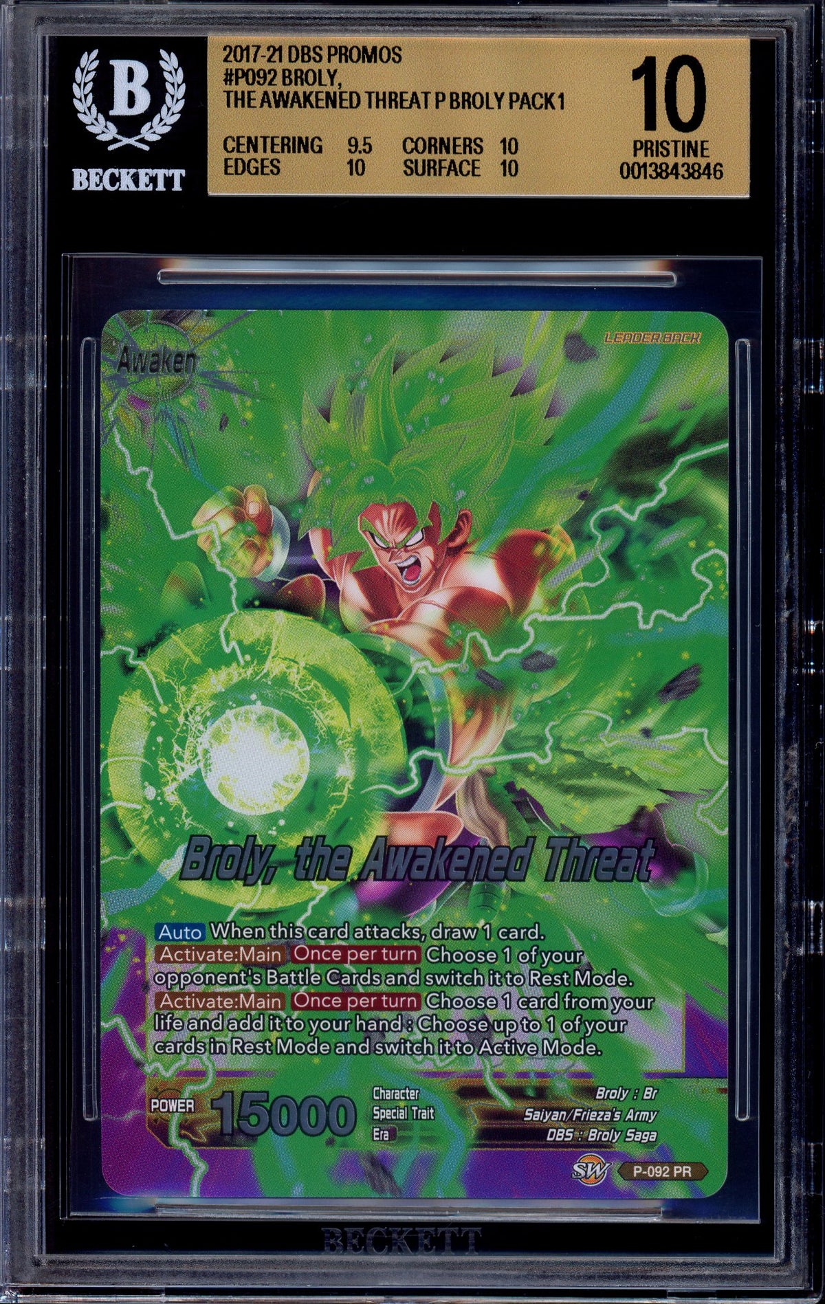 2019 Dragon Ball Super Promos Broly Pack Volume 1 Broly, the Awakened Threat #P-092 BGS 10 PRISTINE