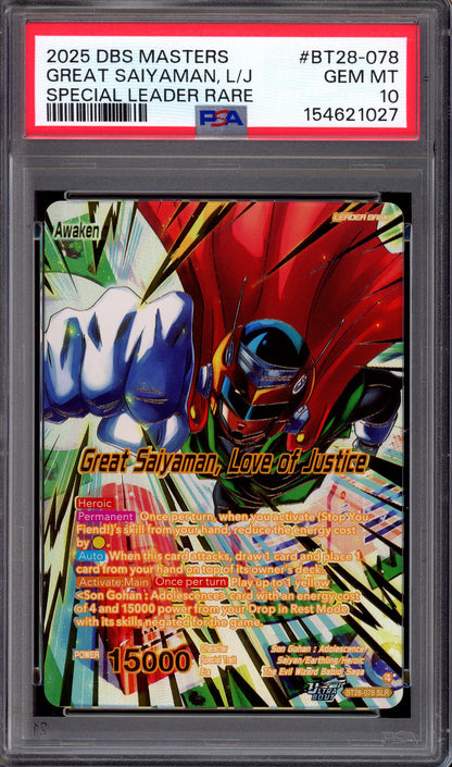 2025 Dragon Ball Super Masters Great Saiyaman, Love of Justice SLR #BT28-078 PSA 10 GEM MINT