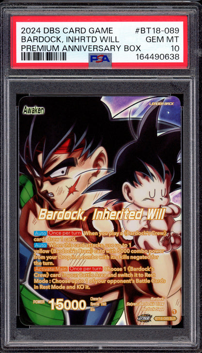 2024 Dragon Ball Super Premium Anniversary Box Bardock, Inherited Will #BT18-089 PSA 10 GEM MINT