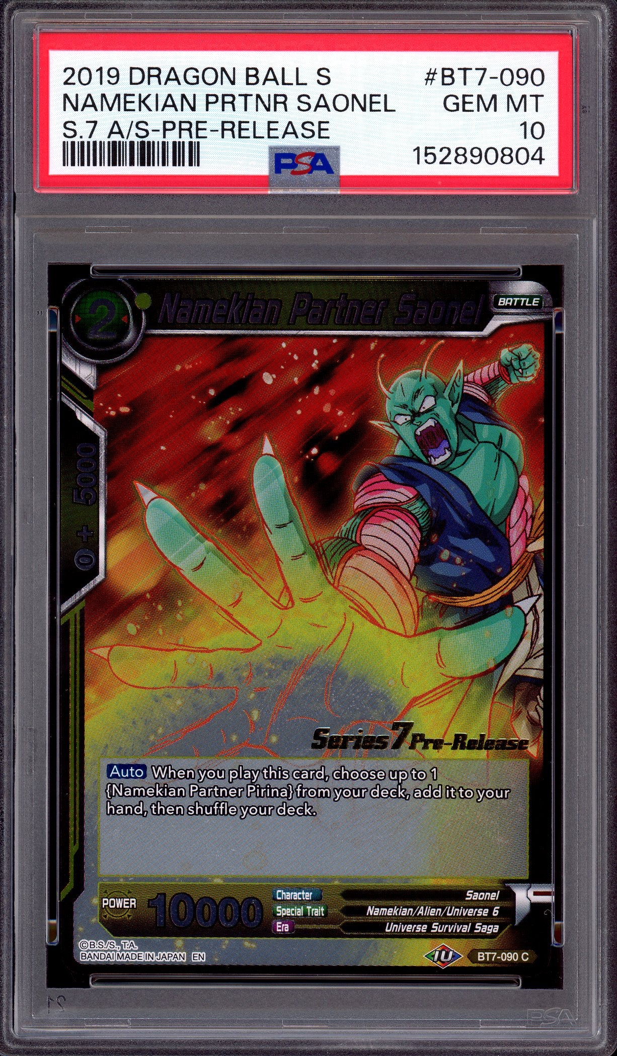 2019 Dragon Ball Super Pre-Release Namekian Partner Saonel #BT7-090 PSA 10 GEM MINT