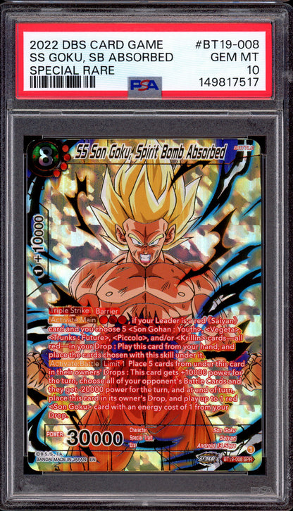 2022 Dragon Ball Super SS Son Goku, Spirit Bomb Absorbed SPR #BT19-008 PSA 10 GEM MINT