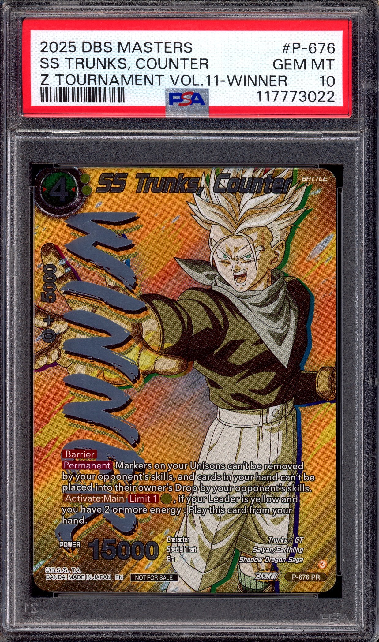 2025 Dragon Ball Super Masters Z Tournament Volume 11 Winner SS Trunks, Counter #P-676 PSA 10 GEM MINT