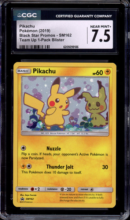 2019 Pokémon SM Black Star Promo Team Up Single Pack Blister Pikachu-Holo #SM162 CGC 7.5 NM+