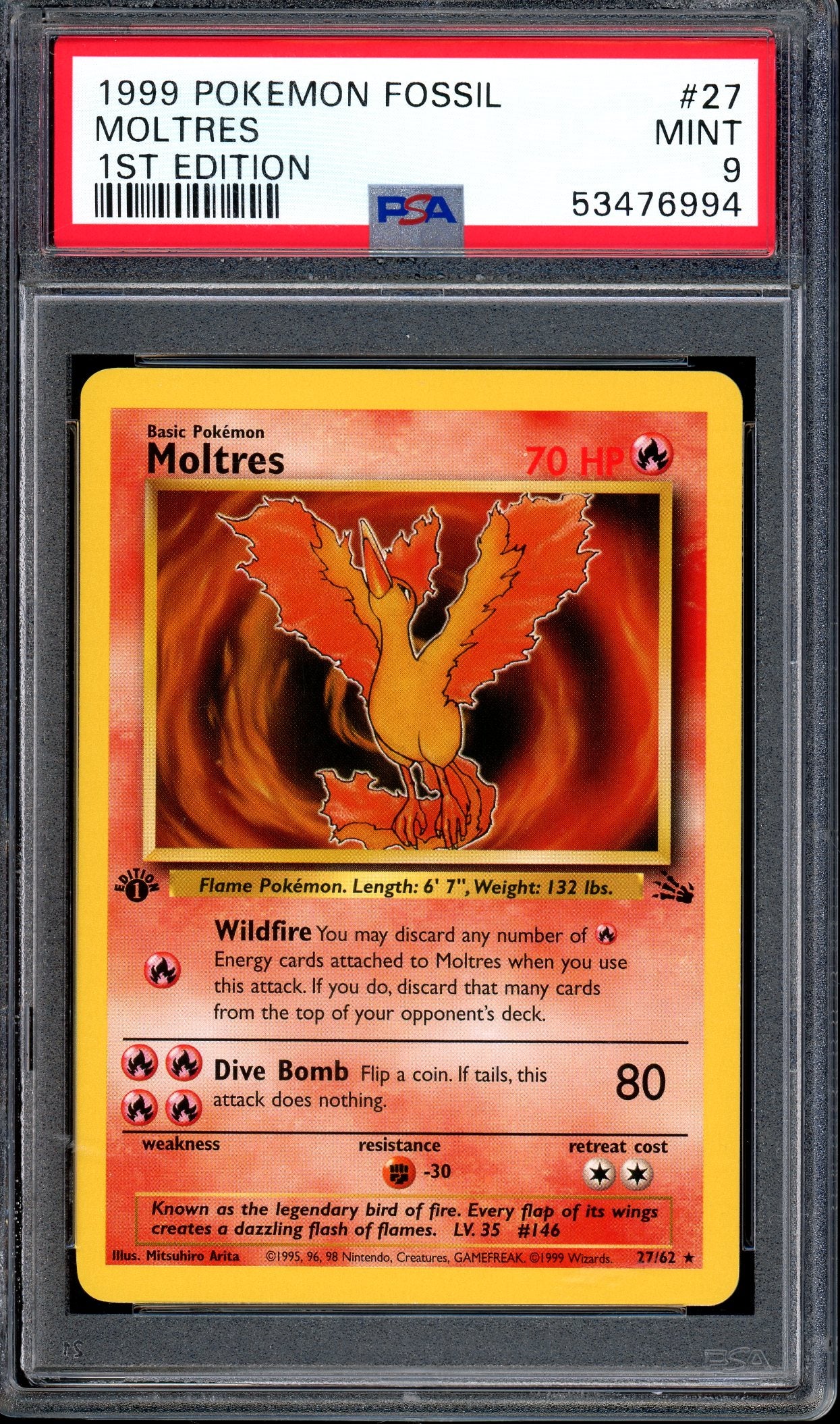 1999 Pokémon Fossil 1st Edition Moltres #27 PSA 9 MINT