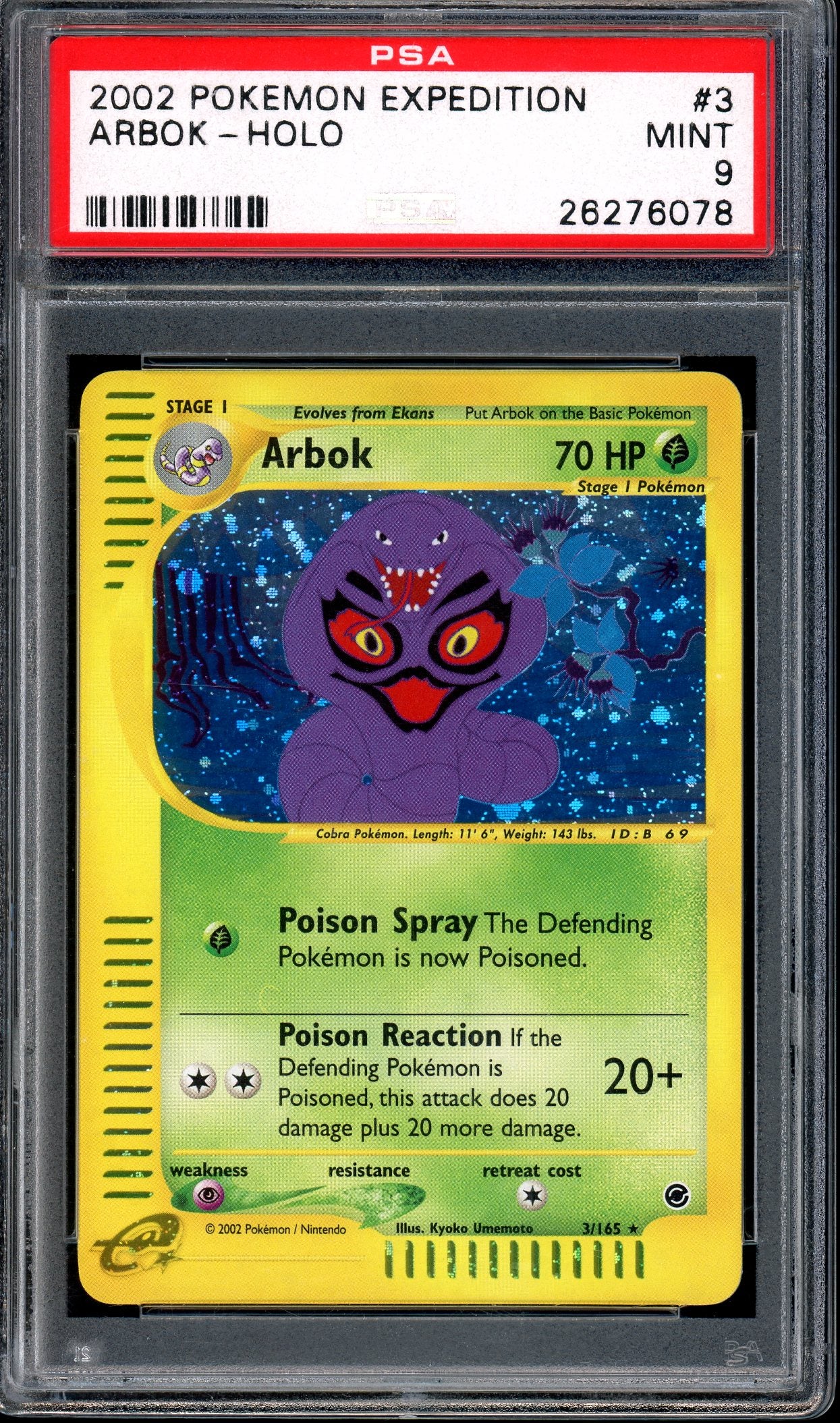 2002 Pokémon Expedition Arbok-Holo #3 PSA 9 MINT