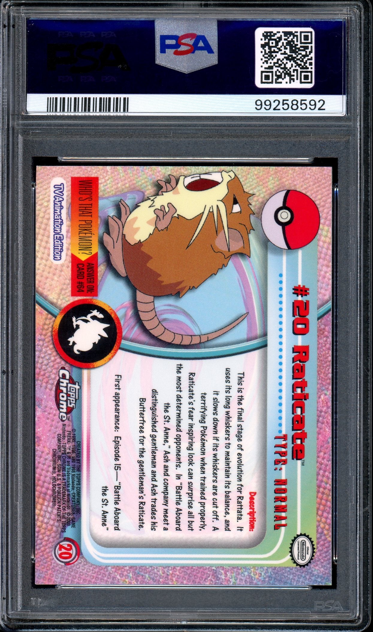 2000 Pokémon Topps Chrome TV Raticate #20 PSA 9 MINT