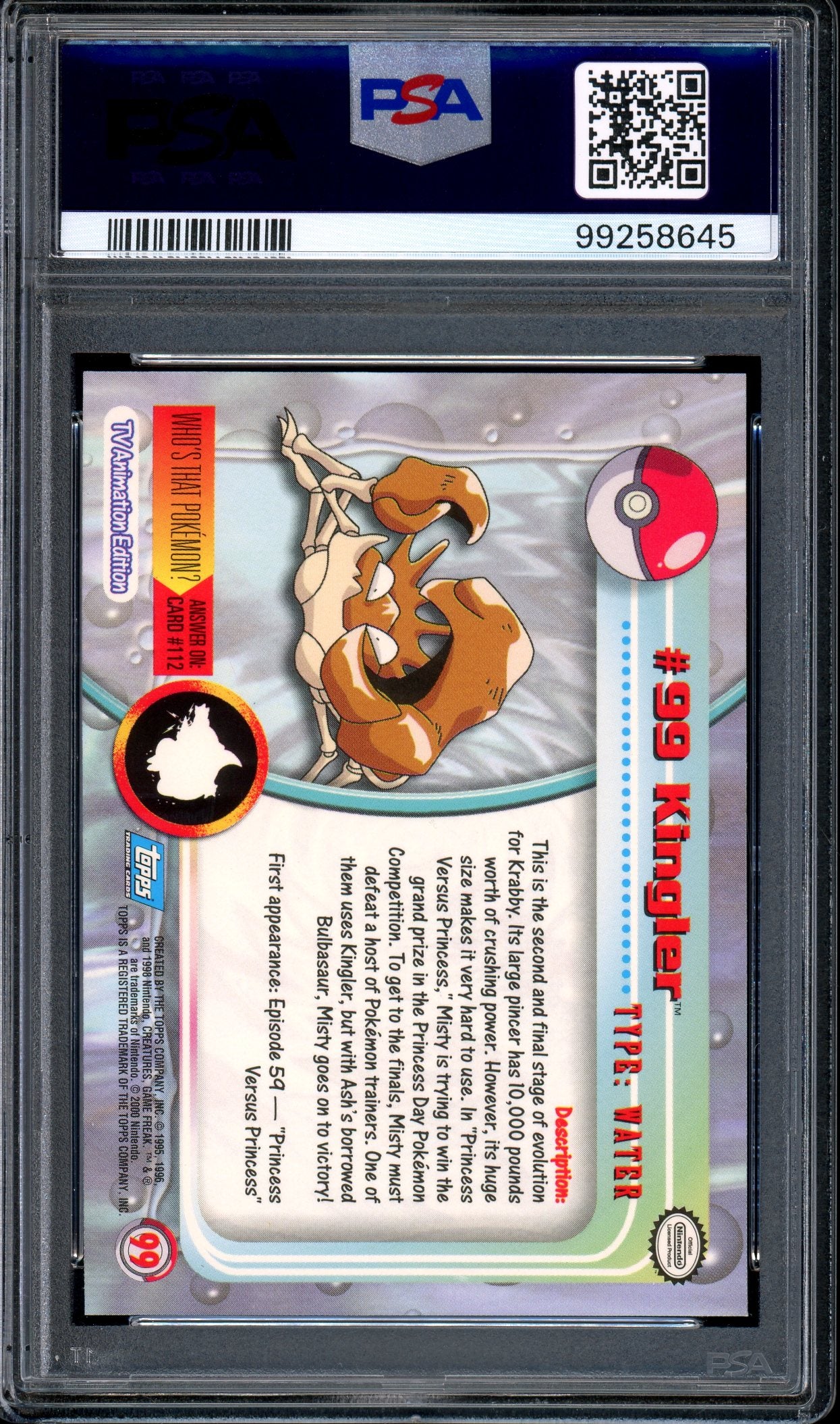 2000 Pokémon Topps TV Animation Series 2 Kingler-Foil #99 PSA 10 GEM MINT