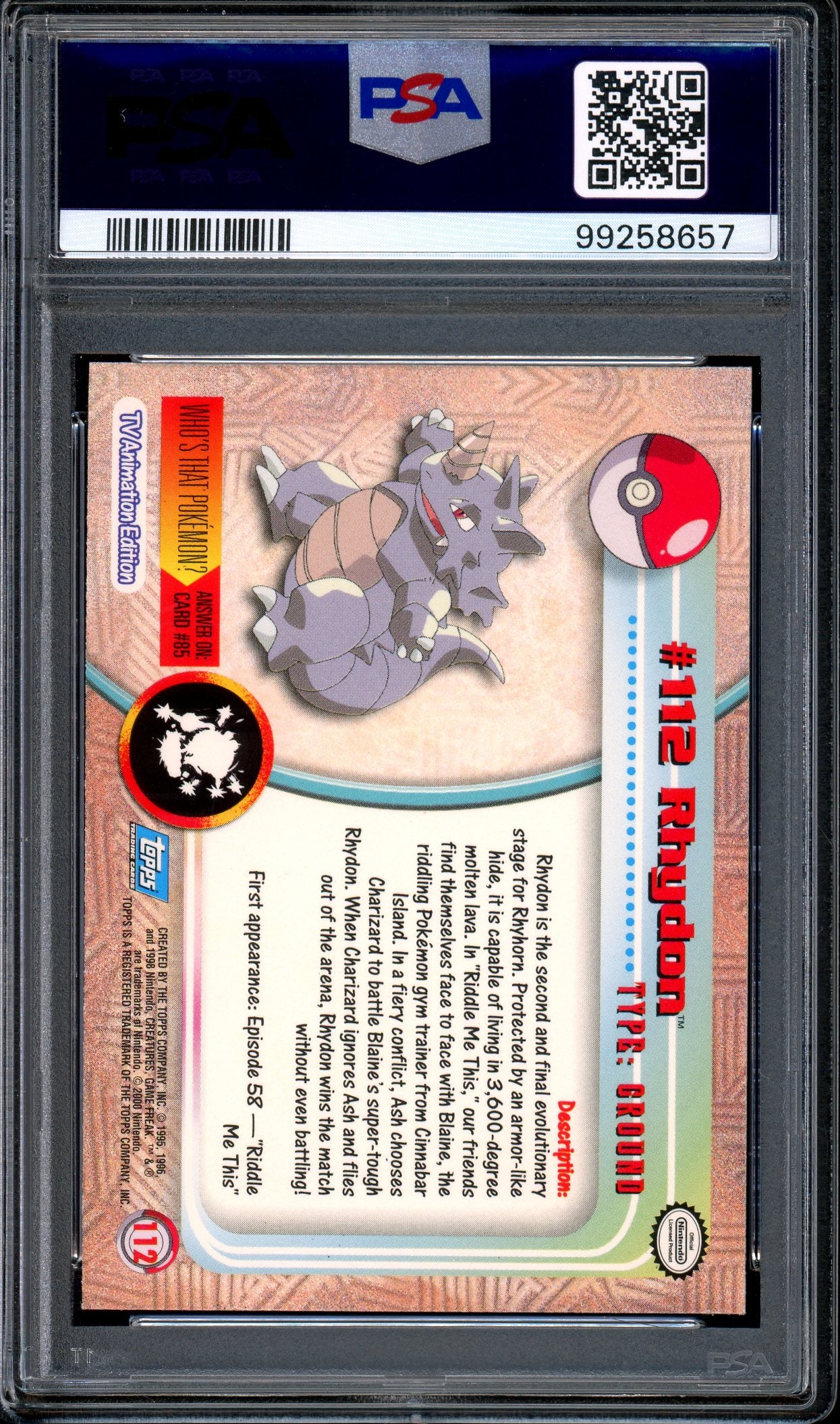 2000 Pokémon Topps TV Animation Series 2 Rhydon-Foil #112 PSA 10 GEM MINT