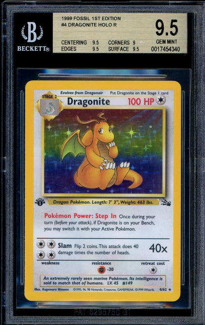 1999 Pokémon Fossil 1st Edition Dragonite-Holo #4 BGS 9.5 GEM MINT