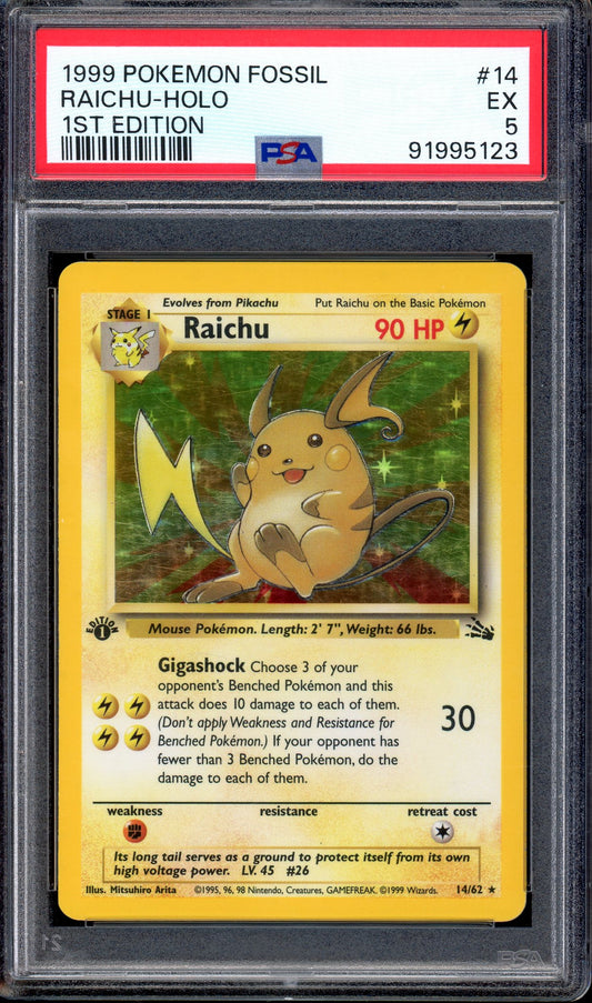 1999 Pokémon Fossil 1st Edition Raichu-Holo #14 PSA 5 EX