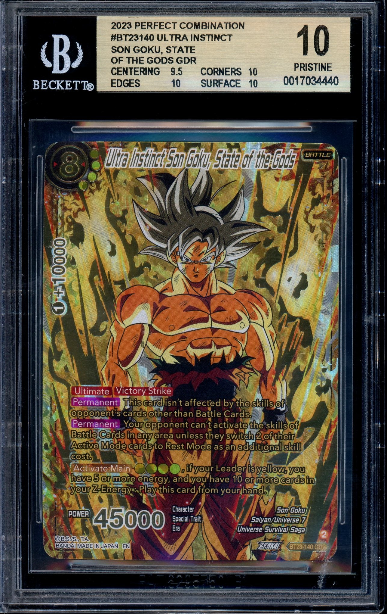 2023 Dragon Ball Super Perfect Combination Ultra Instinct Son Goku, State of the Gods GDR BGS 10 PRISTINE