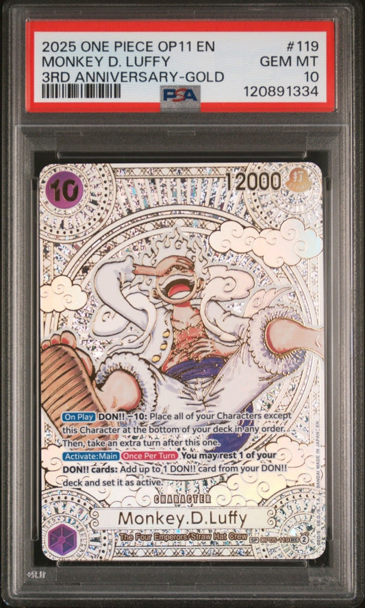 2025 One Piece OP11 3rd Anniversary Gold Monkey D Luffy #119 PSA 10 GEM MINT